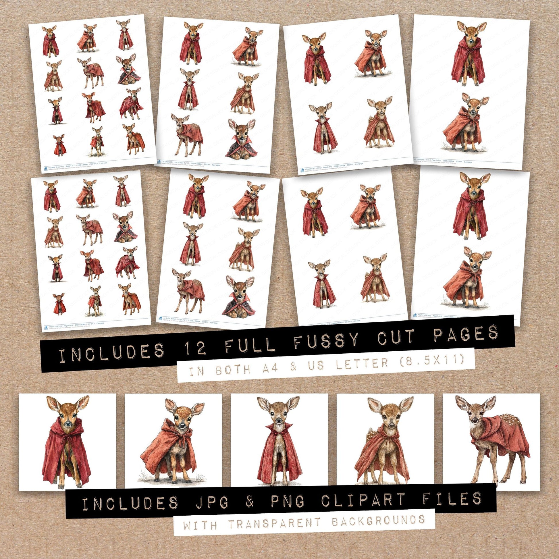 Full collection view of Halloween Watercolour Fawn Vampire fussy cut sheets with bonus clipart JPG and PNG files