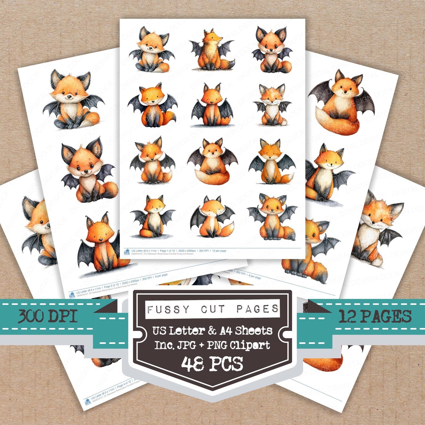 Halloween Watercolour Fox Bat fussy cut printable sheets for junk journaling, scrapbooking, and paper craft projects