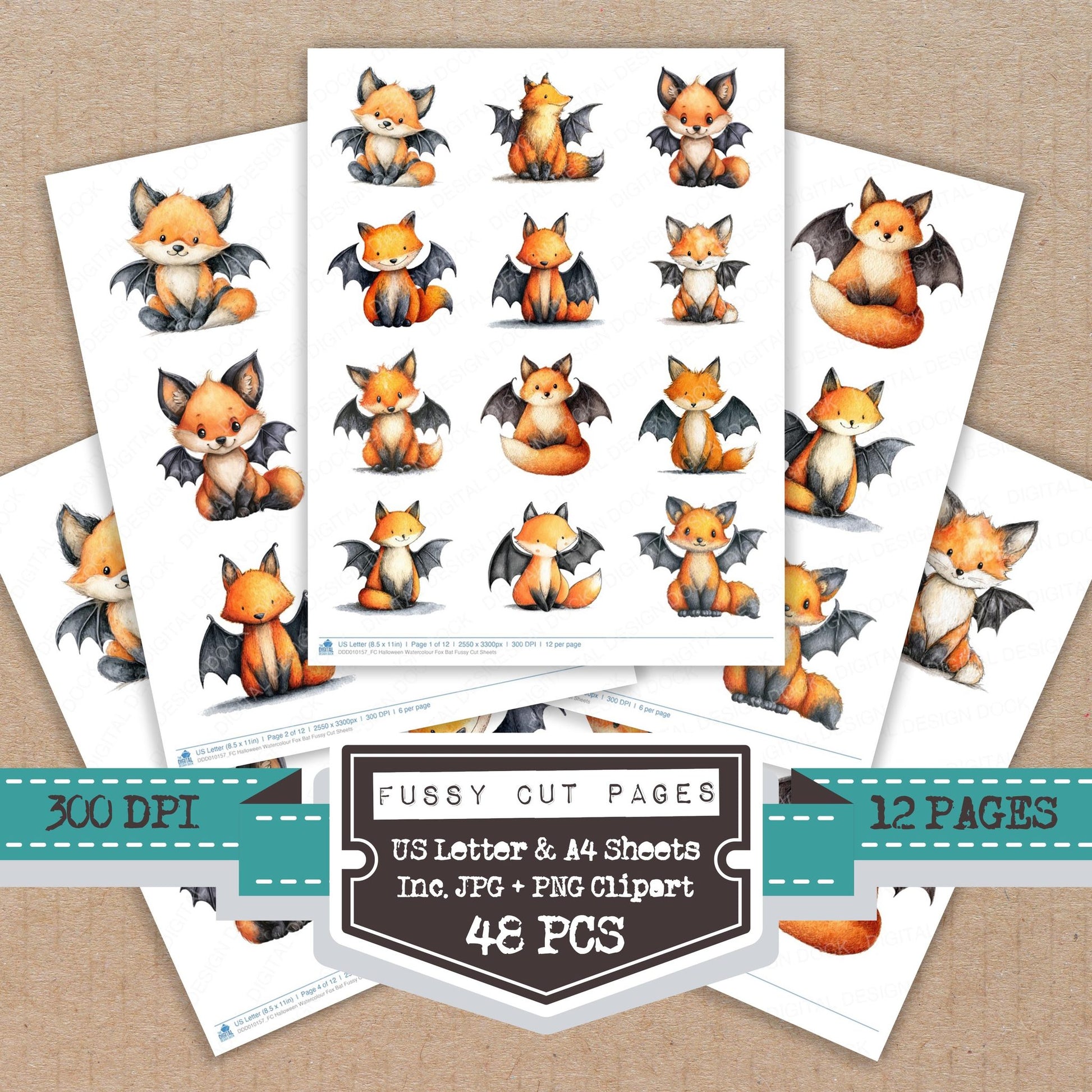 Halloween Watercolour Fox Bat fussy cut printable sheets for junk journaling, scrapbooking, and paper craft projects