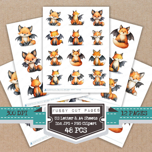Halloween Watercolour Fox Bat fussy cut printable sheets for junk journaling, scrapbooking, and paper craft projects