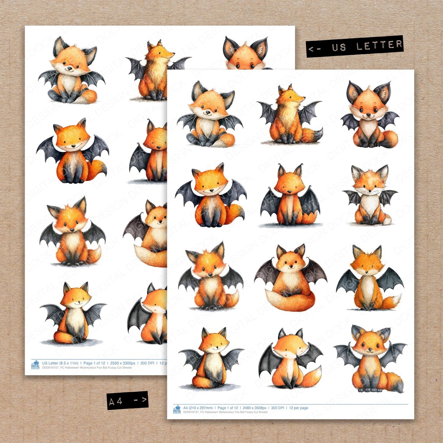 A4 and US Letter format comparison showing Halloween Watercolour Fox Bat fussy cut pages for print and cut crafting