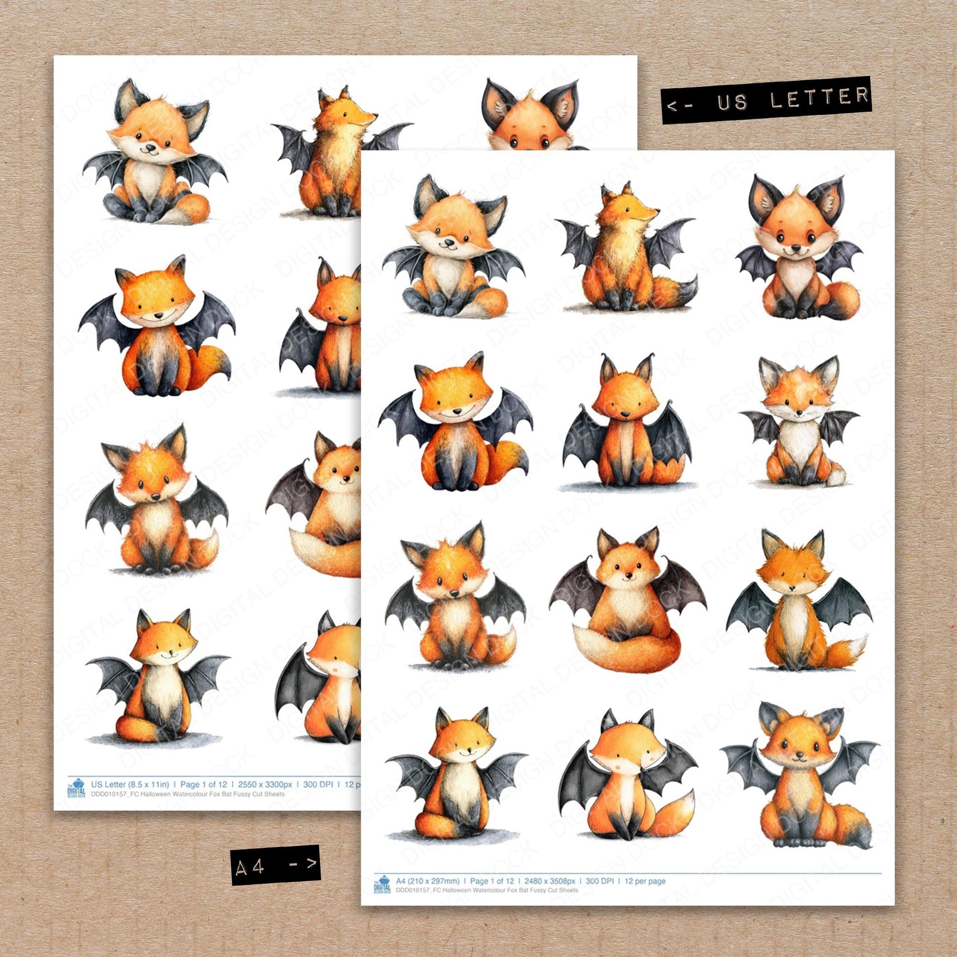 A4 and US Letter format comparison showing Halloween Watercolour Fox Bat fussy cut pages for print and cut crafting