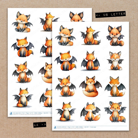 A4 and US Letter format comparison showing Halloween Watercolour Fox Bat fussy cut pages for print and cut crafting