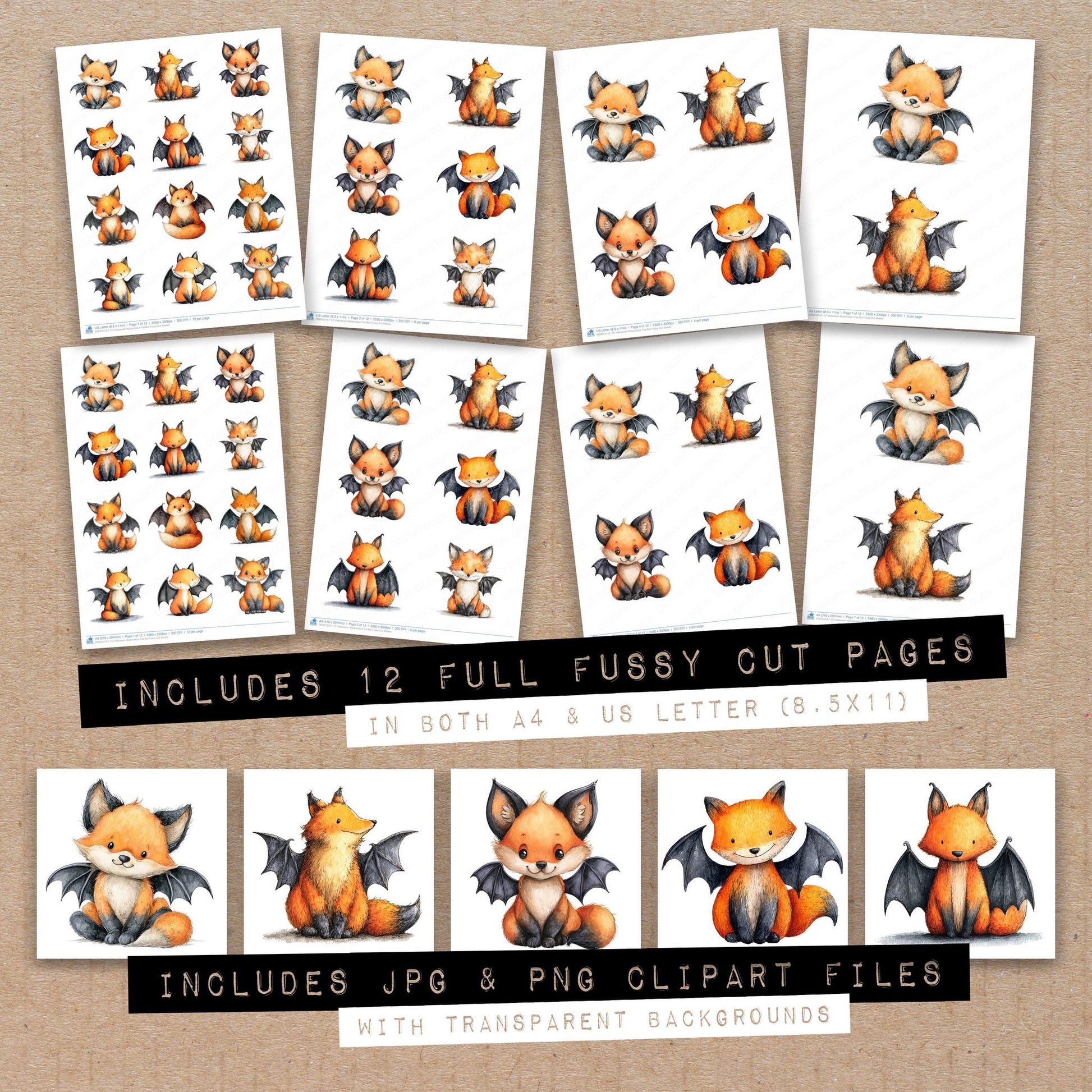 Full collection view of Halloween Watercolour Fox Bat fussy cut sheets with bonus clipart JPG and PNG files