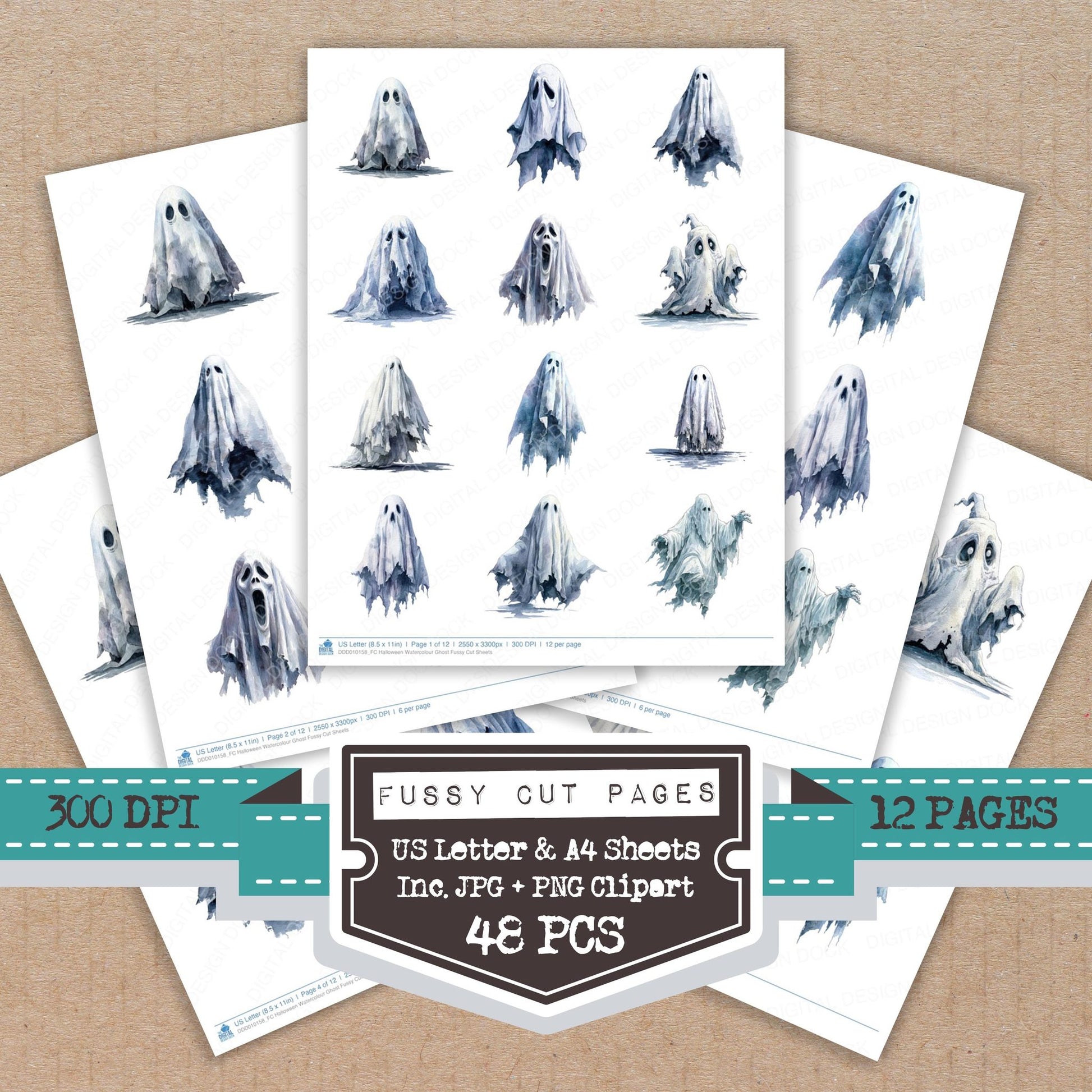 Halloween Watercolour Ghost fussy cut printable sheets for junk journaling, scrapbooking, and paper craft projects
