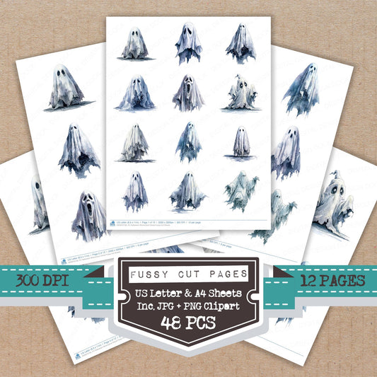 Halloween Watercolour Ghost fussy cut printable sheets for junk journaling, scrapbooking, and paper craft projects