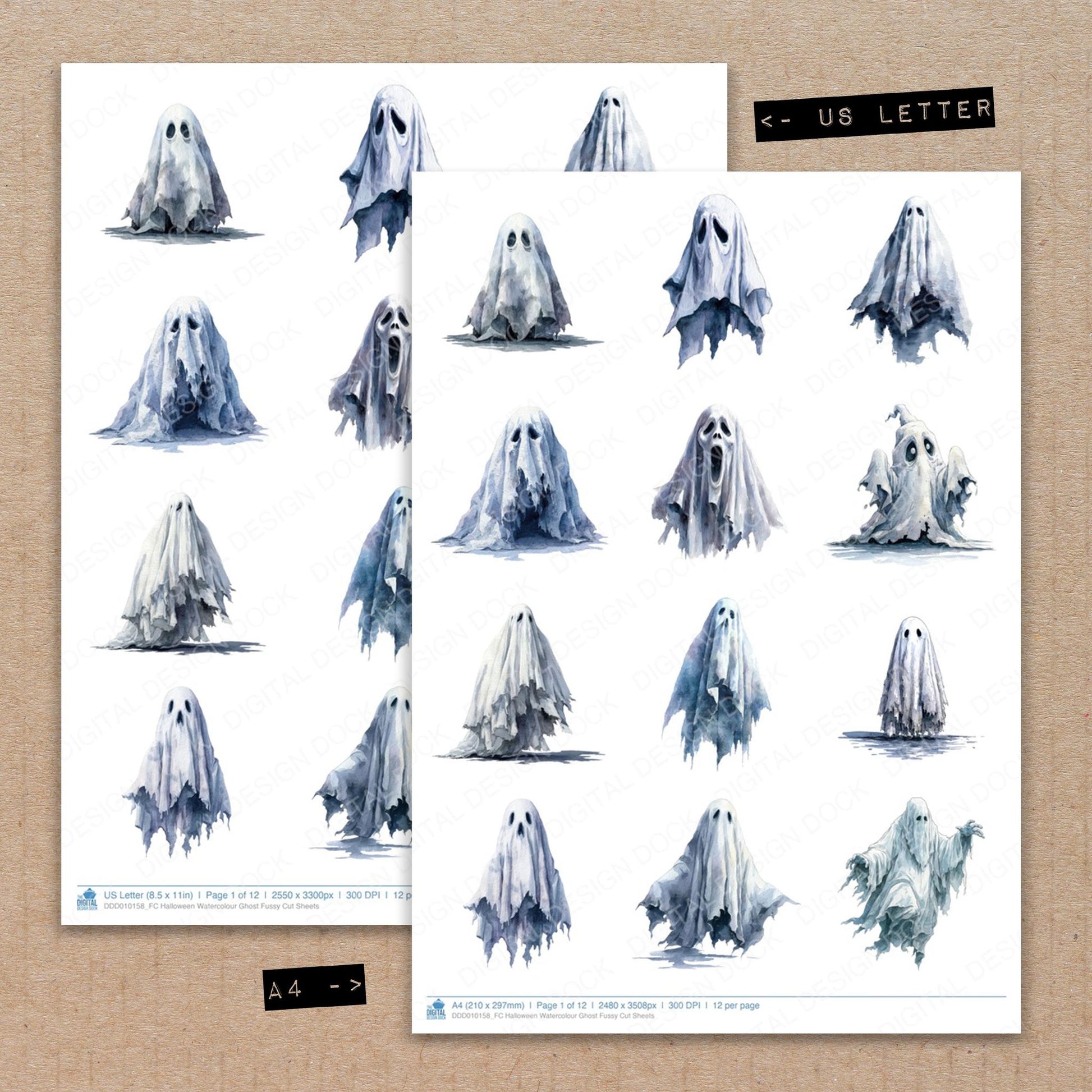 A4 and US Letter format comparison showing Halloween Watercolour Ghost fussy cut pages for print and cut crafting