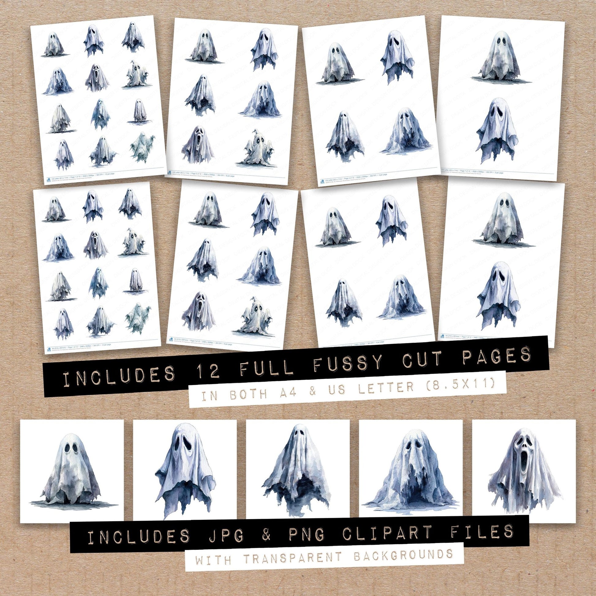 Full collection view of Halloween Watercolour Ghost fussy cut sheets with bonus clipart JPG and PNG files