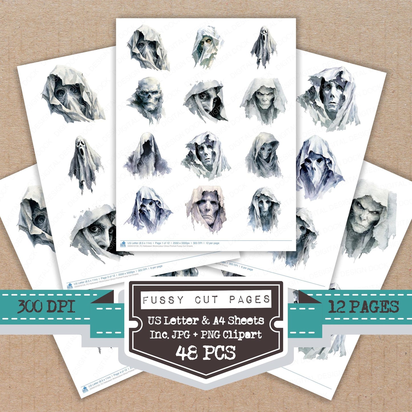 Halloween Watercolour Ghoul Portrait fussy cut printable sheets for junk journaling, scrapbooking, and paper craft projects