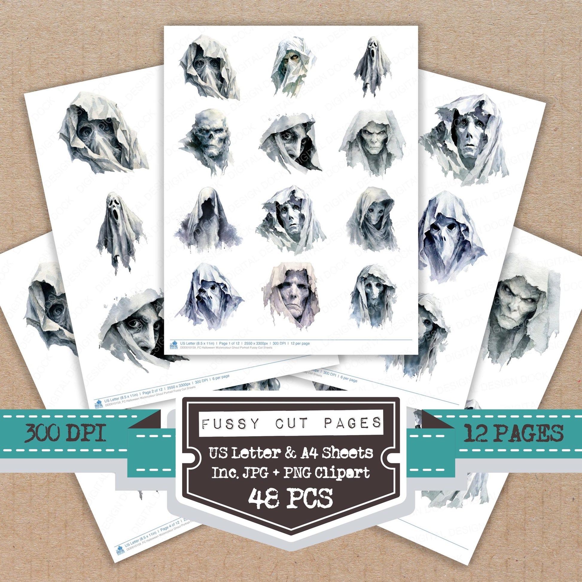 Halloween Watercolour Ghoul Portrait fussy cut printable sheets for junk journaling, scrapbooking, and paper craft projects