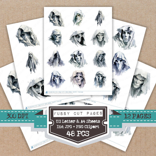 Halloween Watercolour Ghoul Portrait fussy cut printable sheets for junk journaling, scrapbooking, and paper craft projects