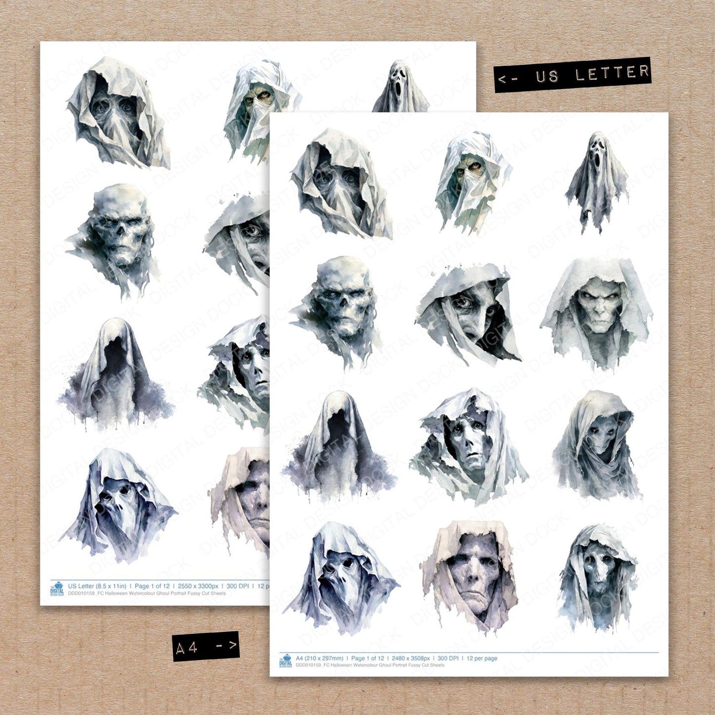 A4 and US Letter format comparison showing Halloween Watercolour Ghoul Portrait fussy cut pages for print and cut crafting