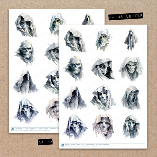 A4 and US Letter format comparison showing Halloween Watercolour Ghoul Portrait fussy cut pages for print and cut crafting