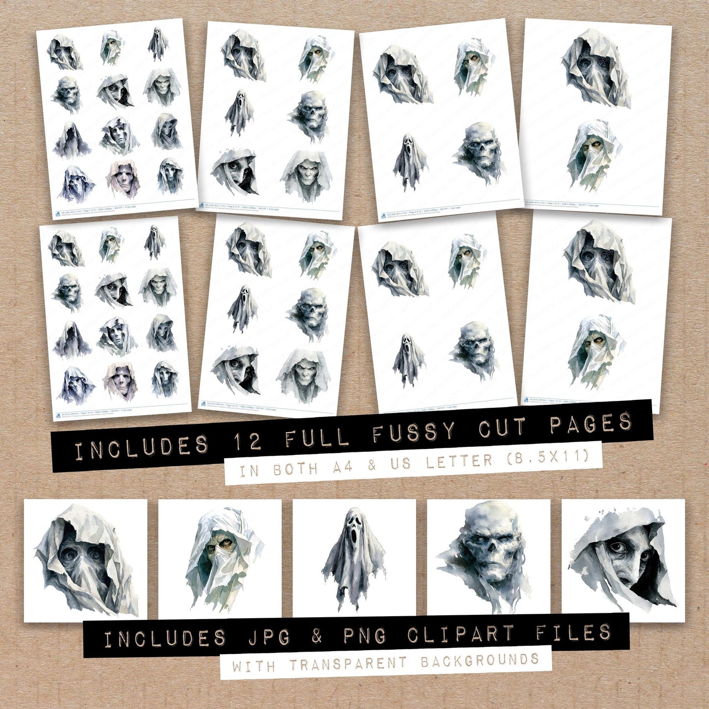 Full collection view of Halloween Watercolour Ghoul Portrait fussy cut sheets with bonus clipart JPG and PNG files