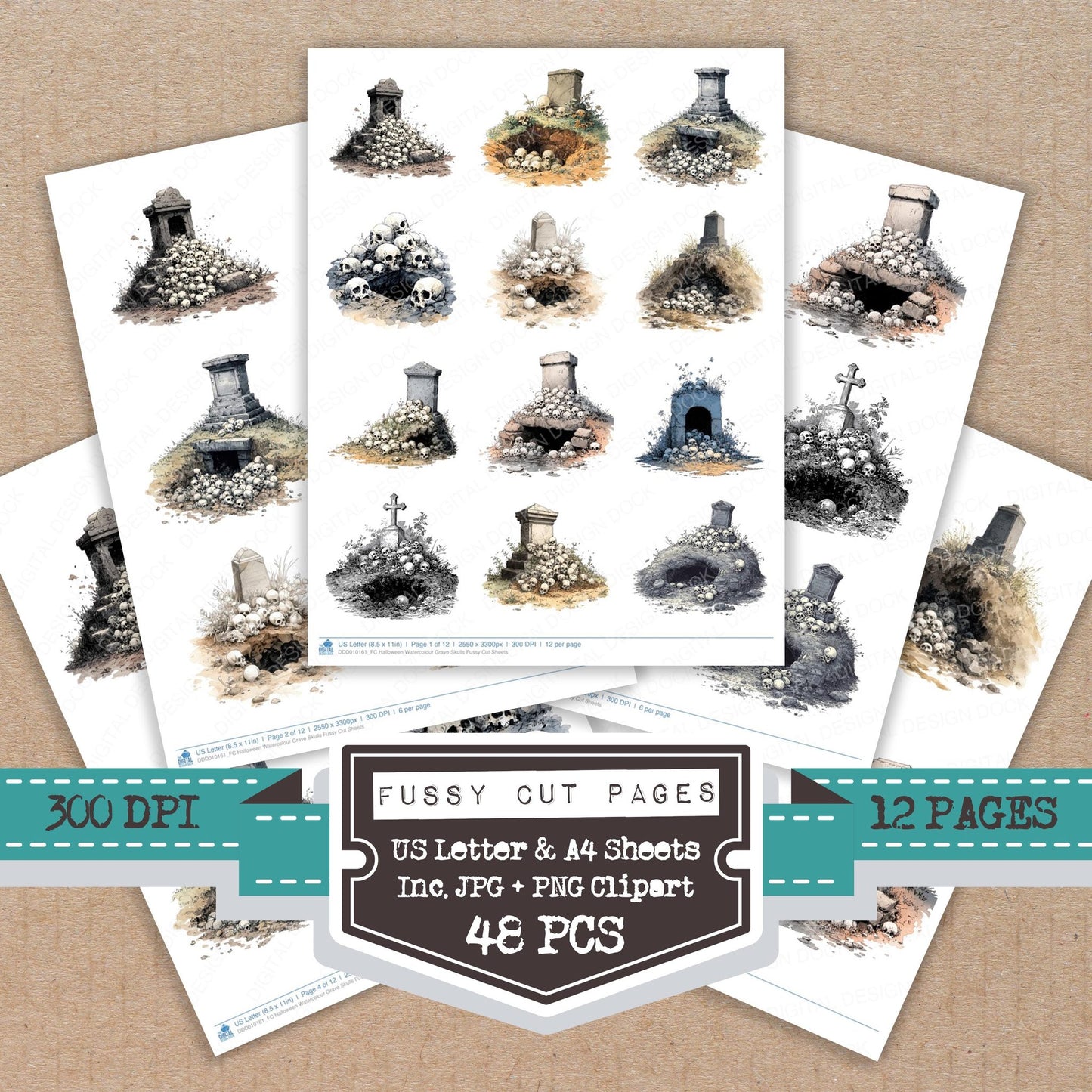 Halloween Watercolour Grave Skulls fussy cut printable sheets for junk journaling, scrapbooking, and paper craft projects