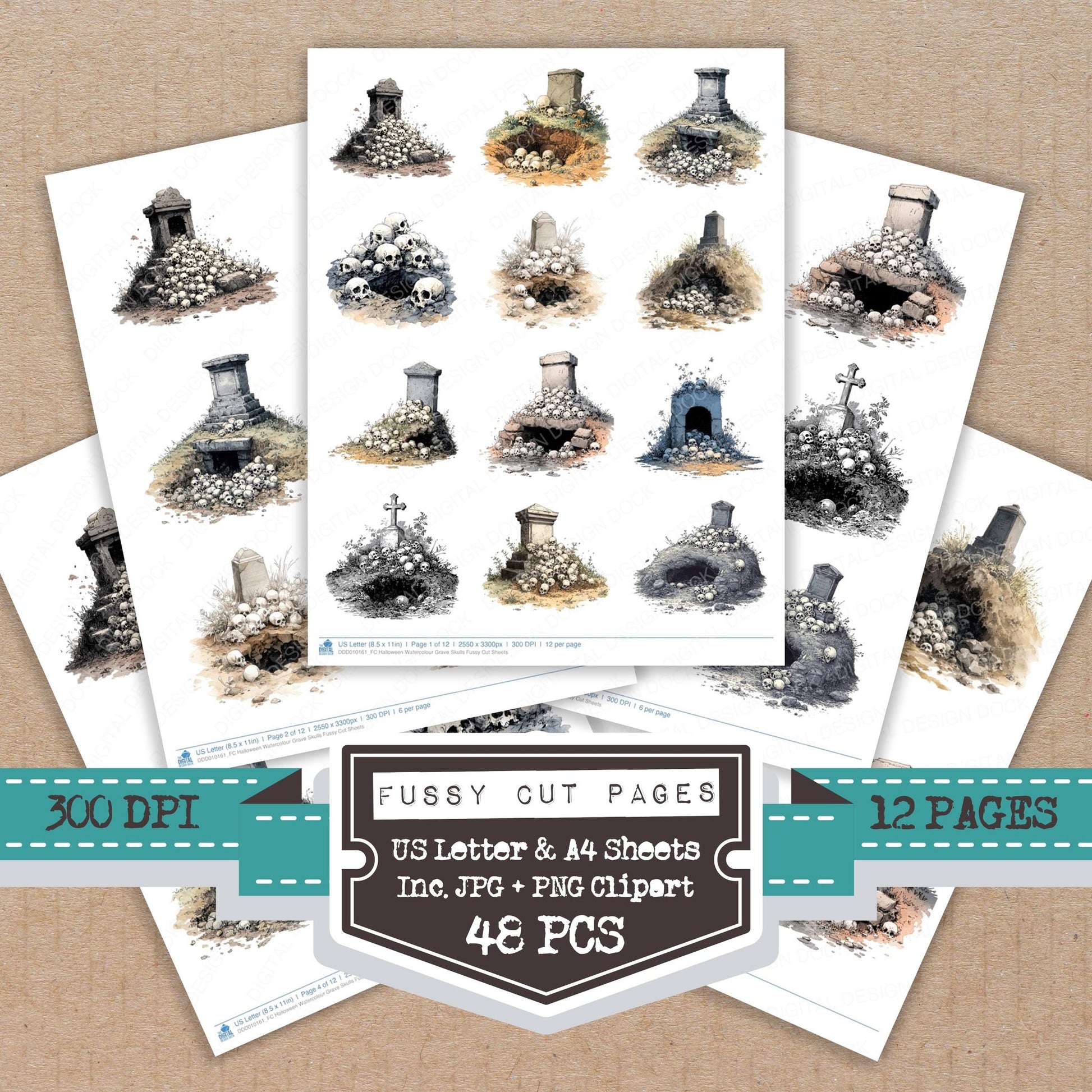 Halloween Watercolour Grave Skulls fussy cut printable sheets for junk journaling, scrapbooking, and paper craft projects