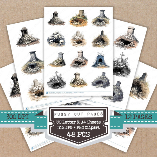 Halloween Watercolour Grave Skulls fussy cut printable sheets for junk journaling, scrapbooking, and paper craft projects