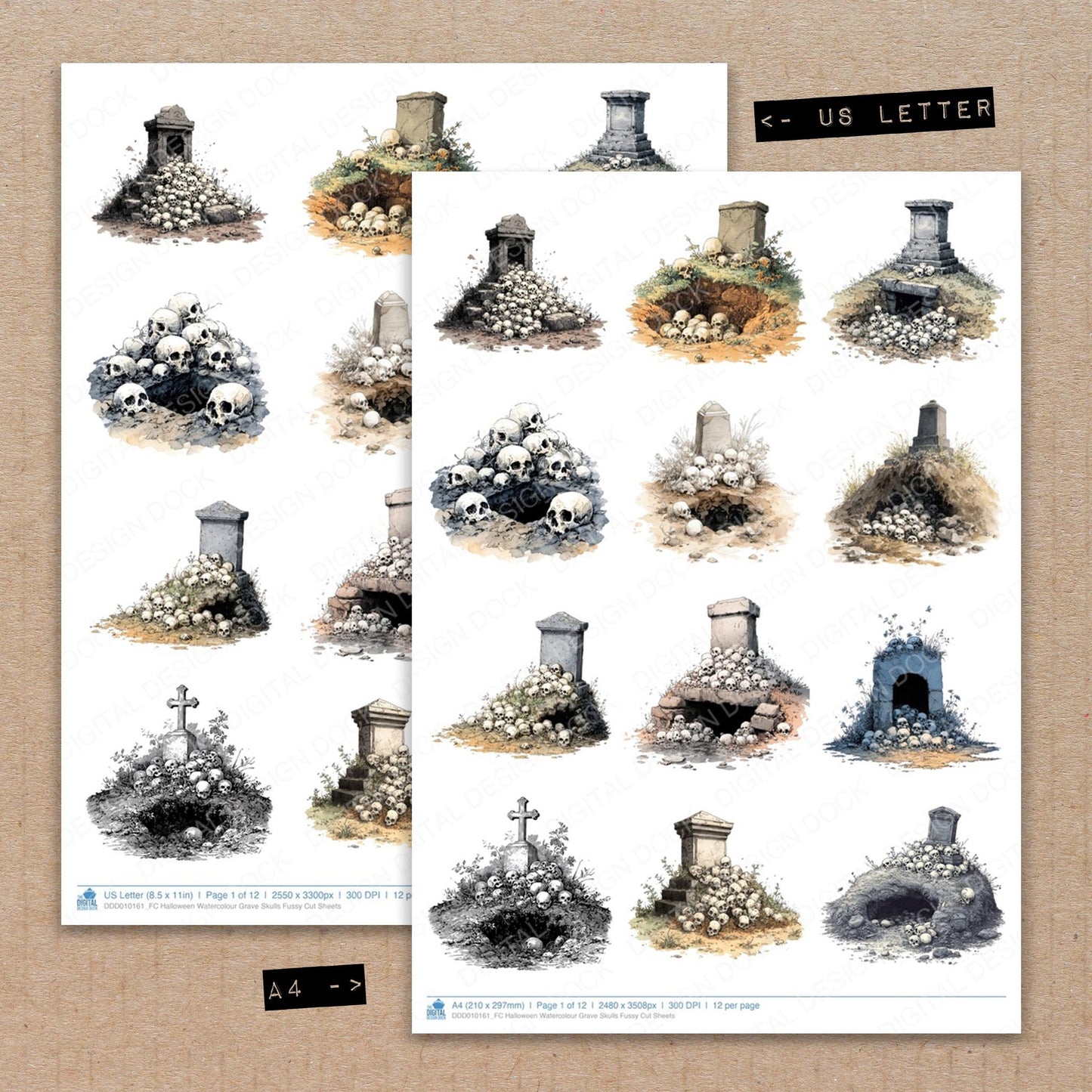 A4 and US Letter format comparison showing Halloween Watercolour Grave Skulls fussy cut pages for print and cut crafting