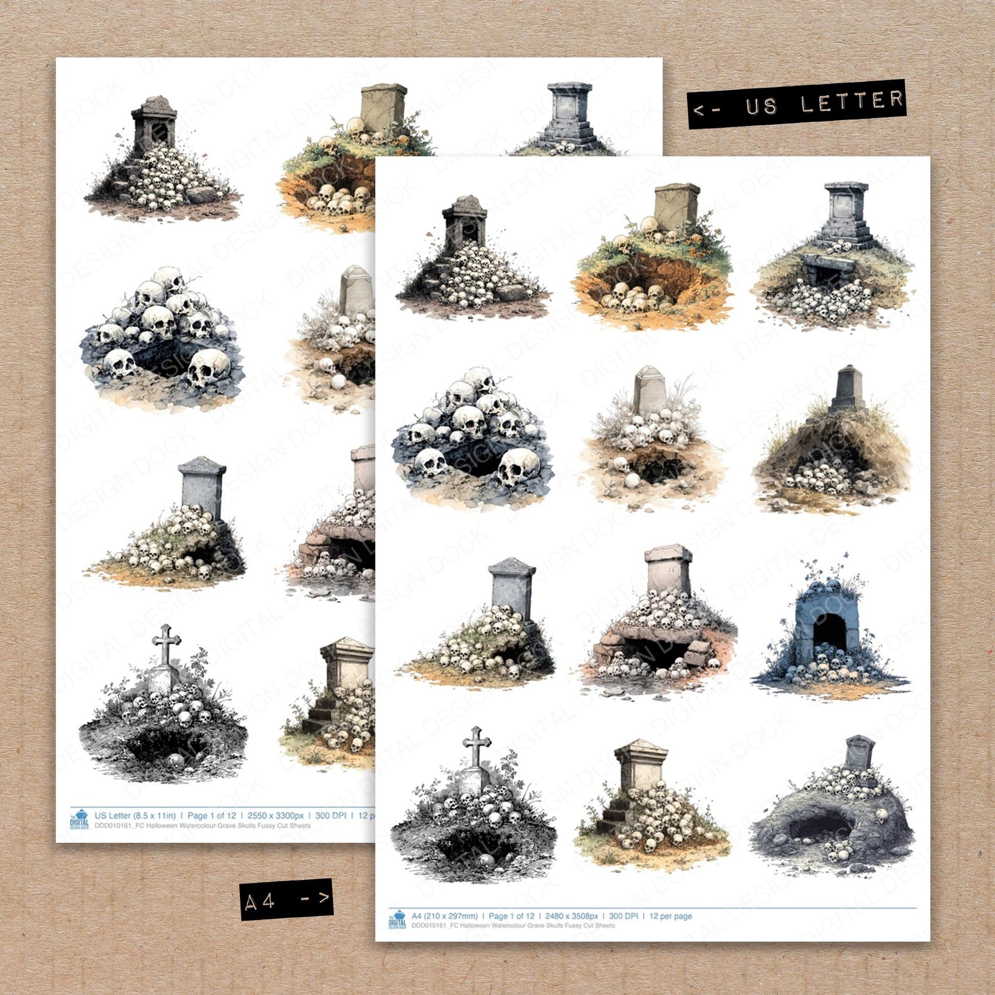 A4 and US Letter format comparison showing Halloween Watercolour Grave Skulls fussy cut pages for print and cut crafting