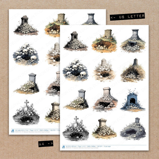 A4 and US Letter format comparison showing Halloween Watercolour Grave Skulls fussy cut pages for print and cut crafting