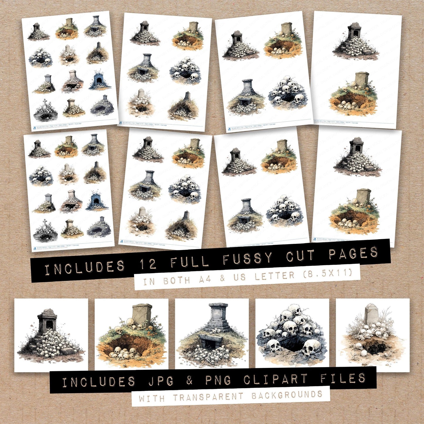 Full collection view of Halloween Watercolour Grave Skulls fussy cut sheets with bonus clipart JPG and PNG files