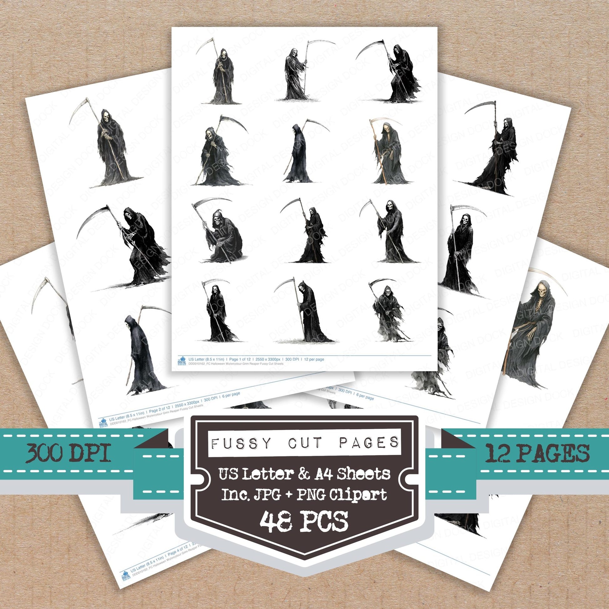 Halloween Watercolour Grim Reaper fussy cut printable sheets for junk journaling, scrapbooking, and paper craft projects