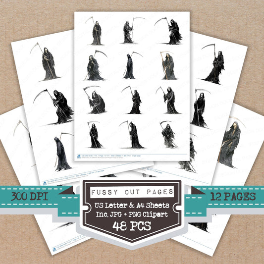 Halloween Watercolour Grim Reaper fussy cut printable sheets for junk journaling, scrapbooking, and paper craft projects