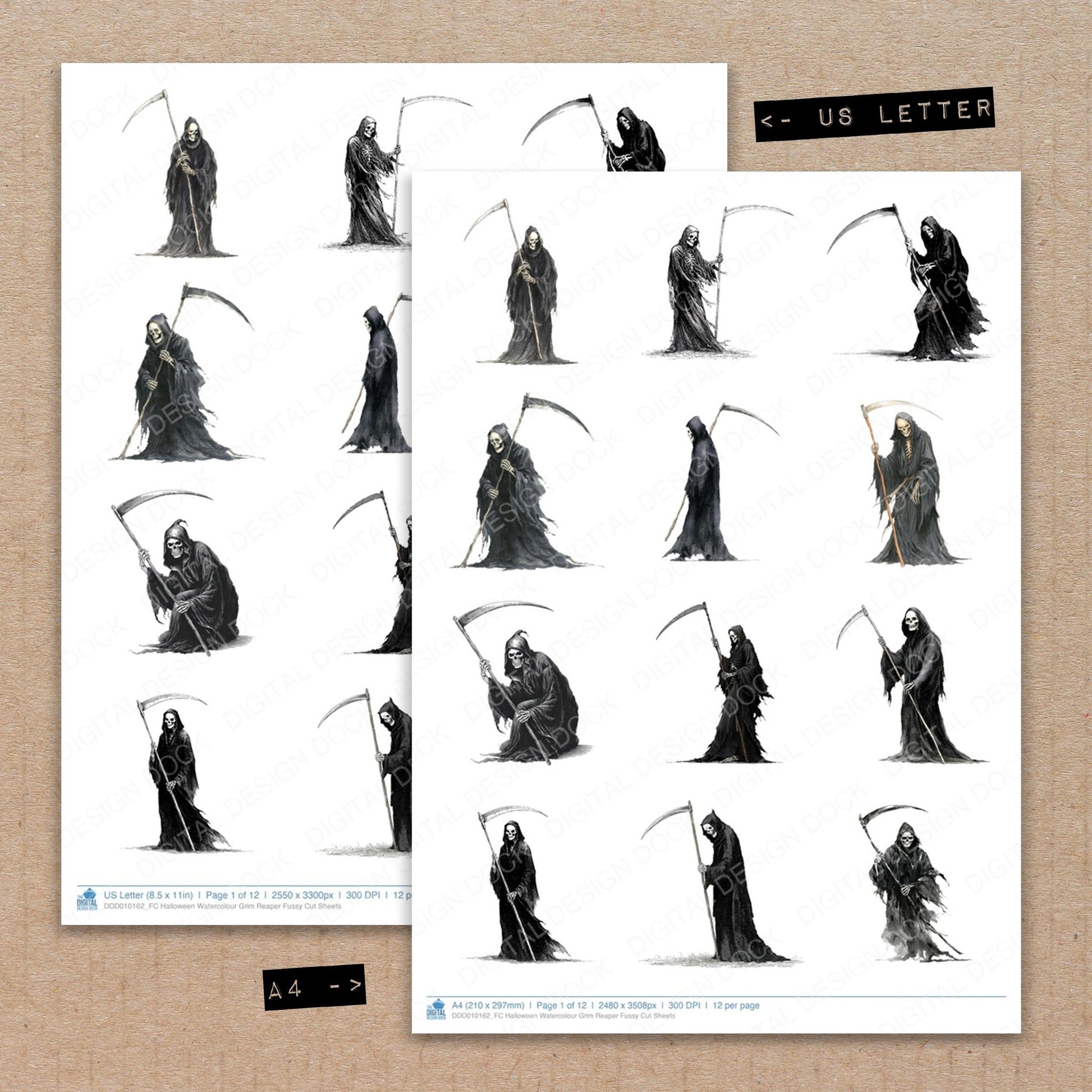 A4 and US Letter format comparison showing Halloween Watercolour Grim Reaper fussy cut pages for print and cut crafting