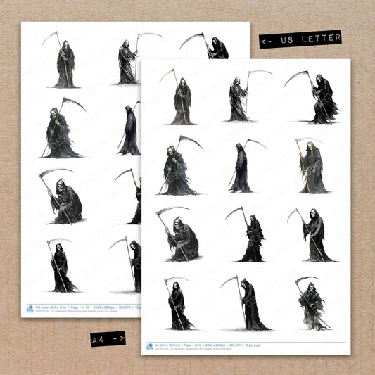 A4 and US Letter format comparison showing Halloween Watercolour Grim Reaper fussy cut pages for print and cut crafting