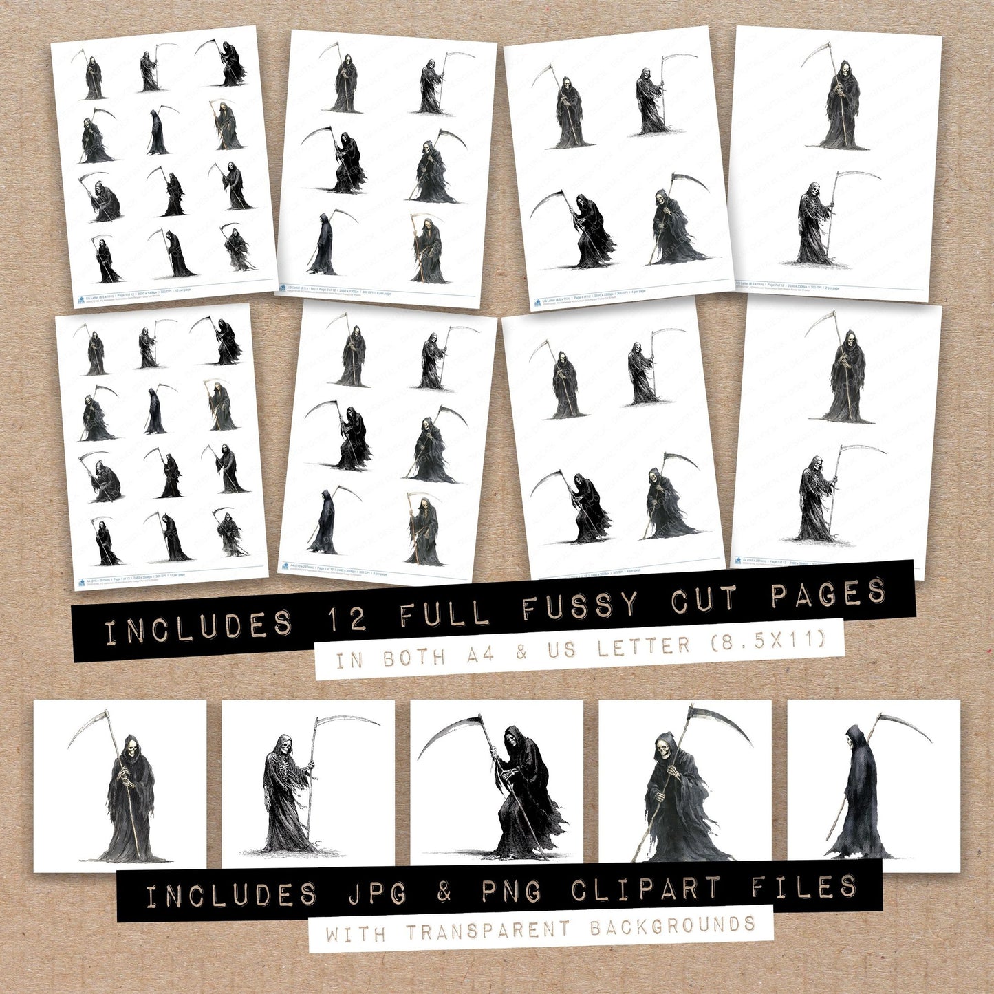 Full collection view of Halloween Watercolour Grim Reaper fussy cut sheets with bonus clipart JPG and PNG files