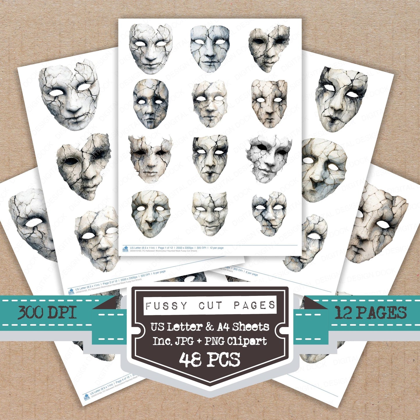 Halloween Watercolour Haunted Mask fussy cut printable sheets for junk journaling, scrapbooking, and paper craft projects