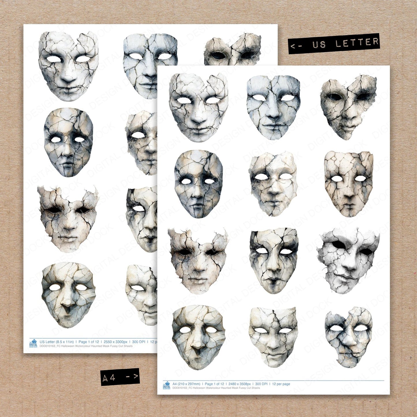 A4 and US Letter format comparison showing Halloween Watercolour Haunted Mask fussy cut pages for print and cut crafting