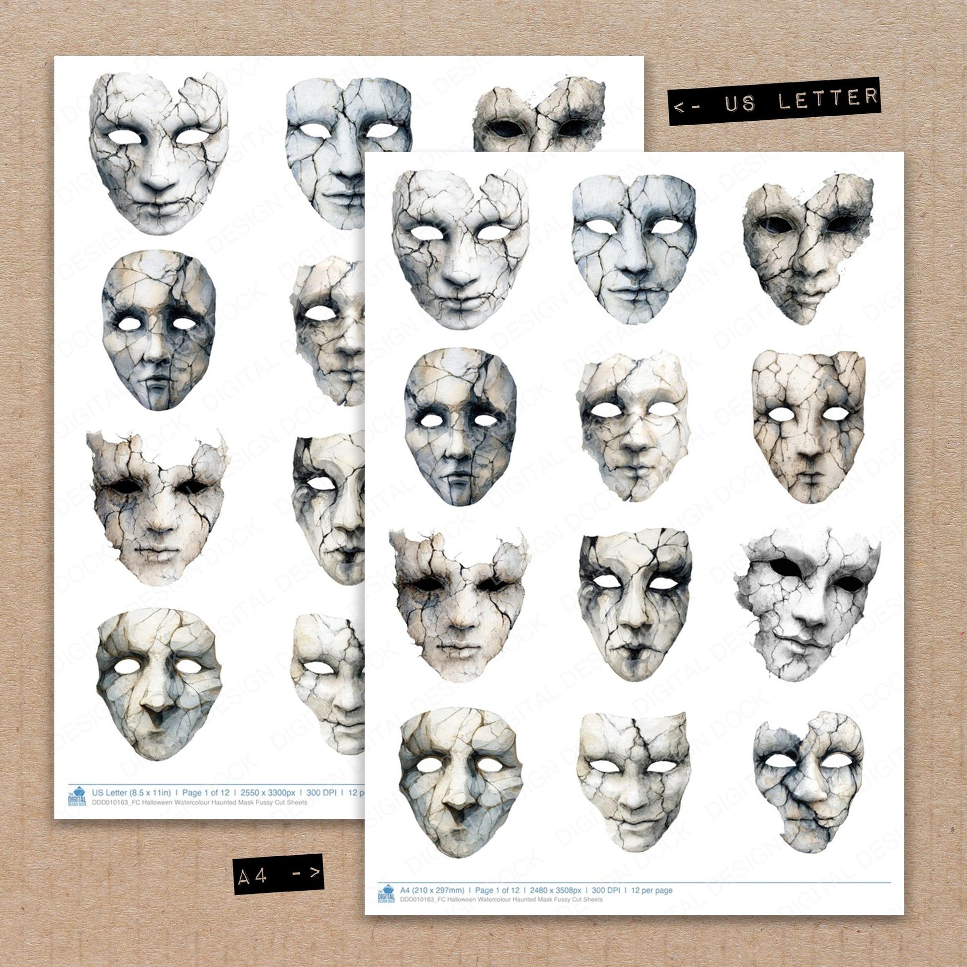 A4 and US Letter format comparison showing Halloween Watercolour Haunted Mask fussy cut pages for print and cut crafting