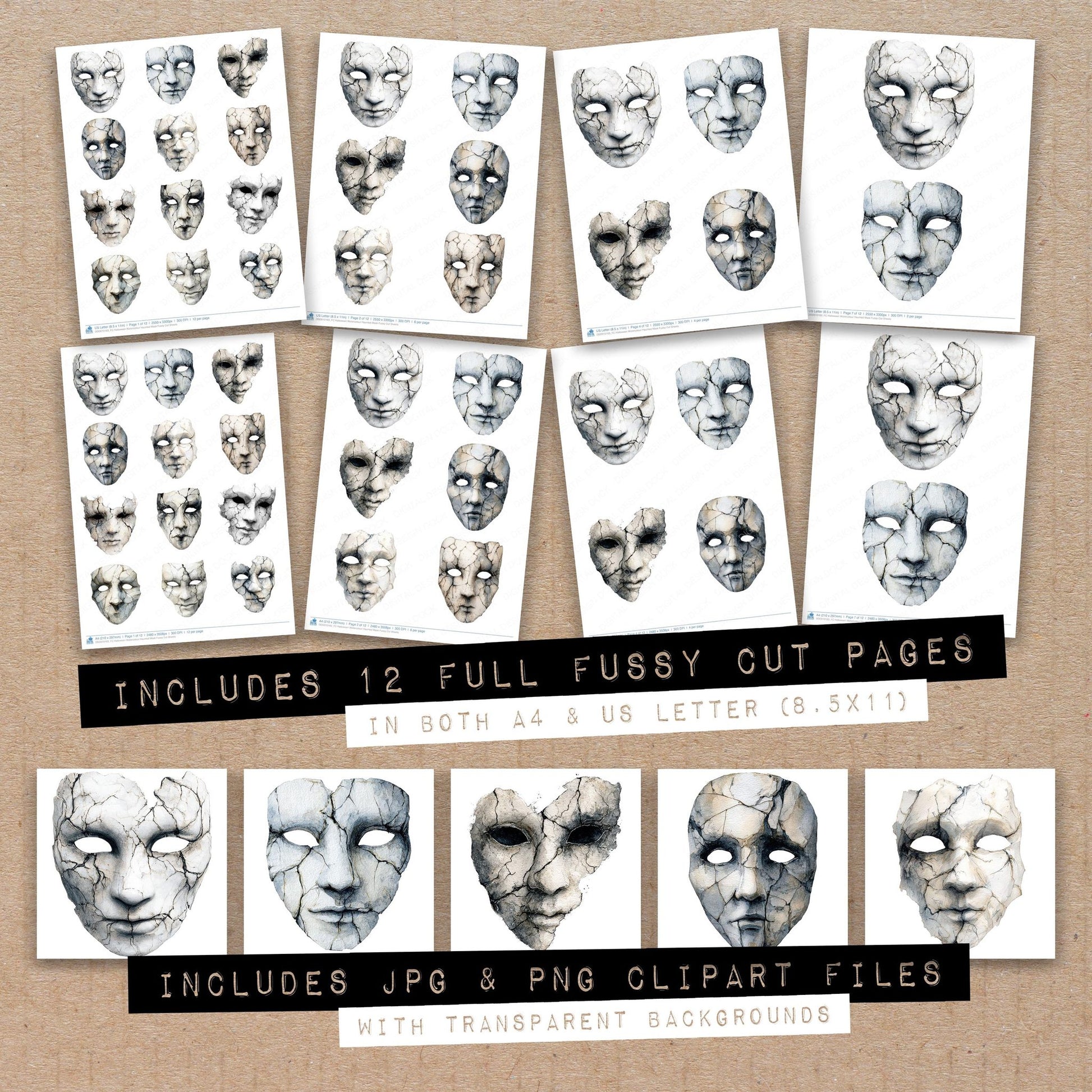 Full collection view of Halloween Watercolour Haunted Mask fussy cut sheets with bonus clipart JPG and PNG files