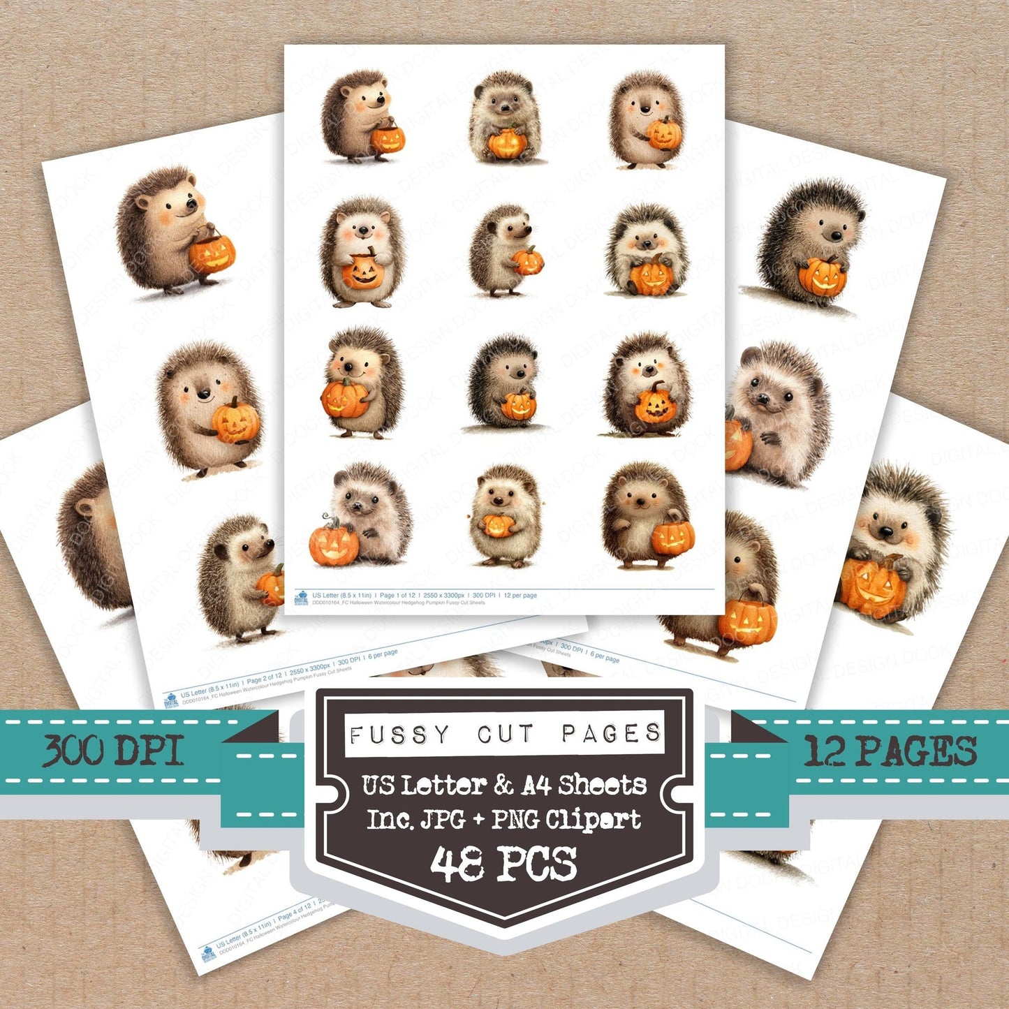 Halloween Watercolour Hedgehog Pumpkin Fussy Cut Sheets (DDD010164)