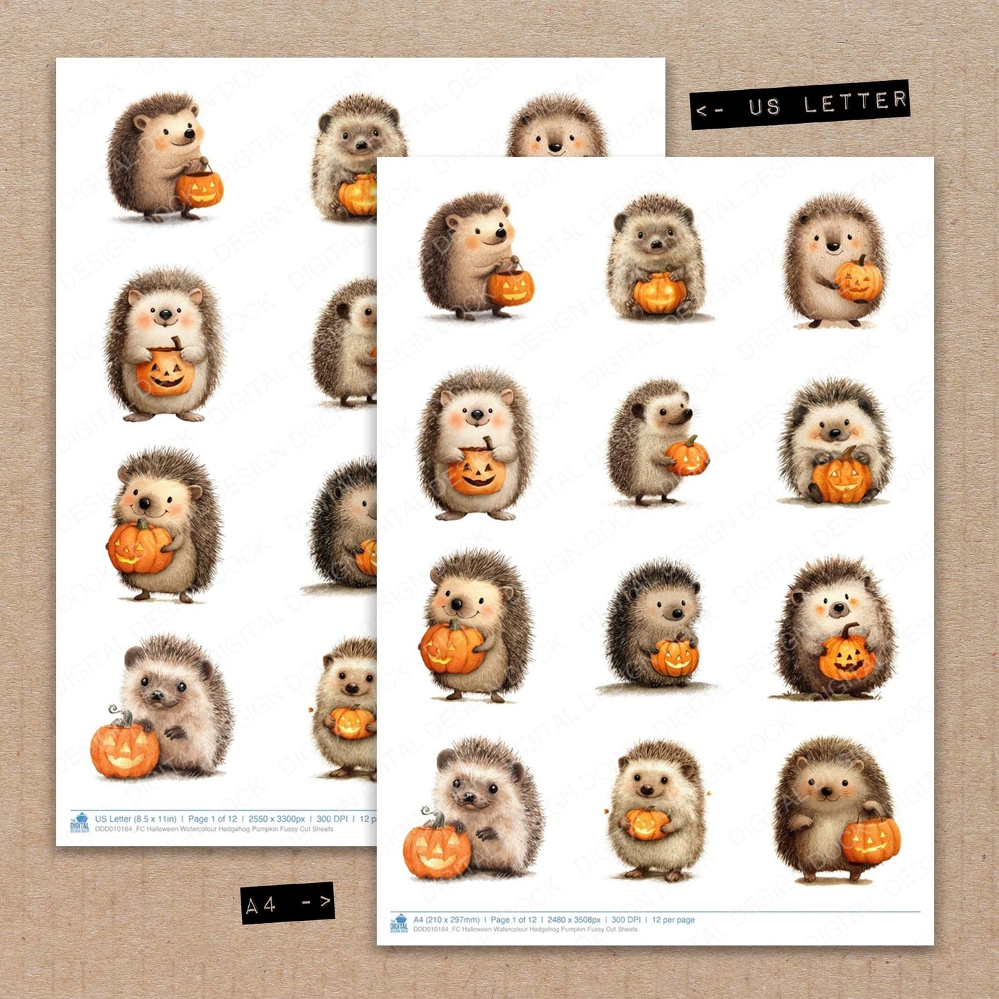 Halloween Watercolour Hedgehog Pumpkin Fussy Cut Sheets (DDD010164)