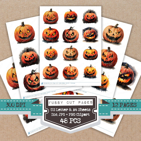 Halloween Watercolour Jack O Lantern fussy cut printable sheets for junk journaling, scrapbooking, and paper craft projects