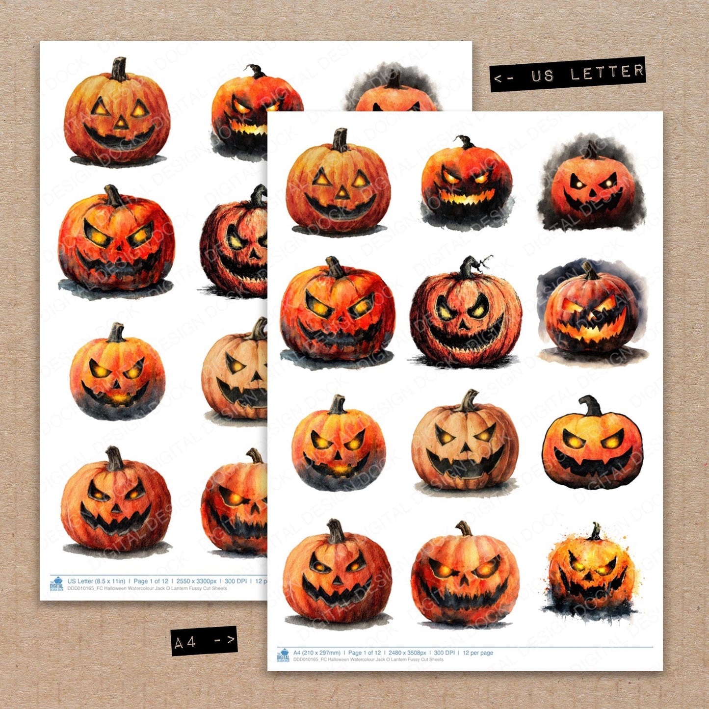A4 and US Letter format comparison showing Halloween Watercolour Jack O Lantern fussy cut pages for print and cut crafting
