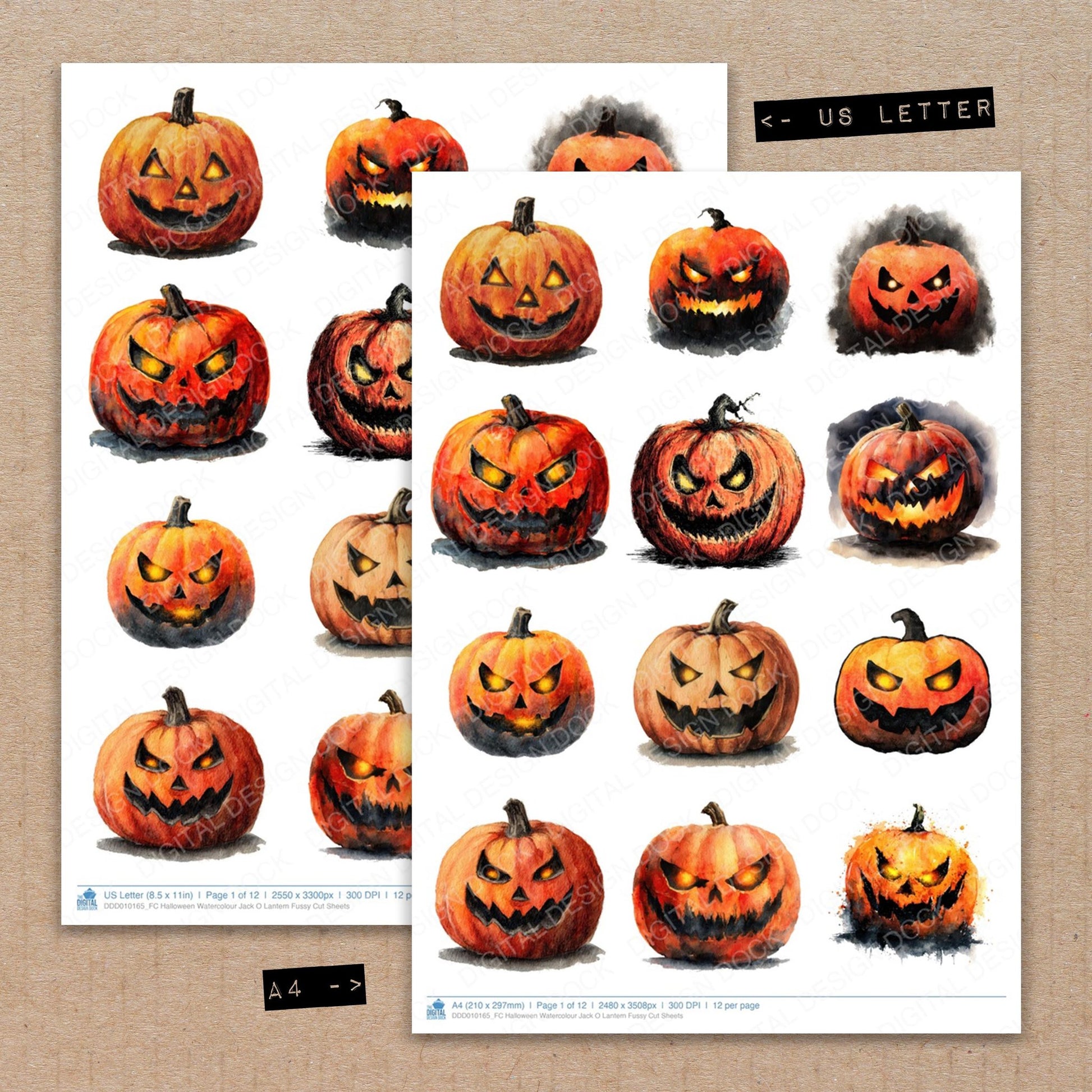 A4 and US Letter format comparison showing Halloween Watercolour Jack O Lantern fussy cut pages for print and cut crafting