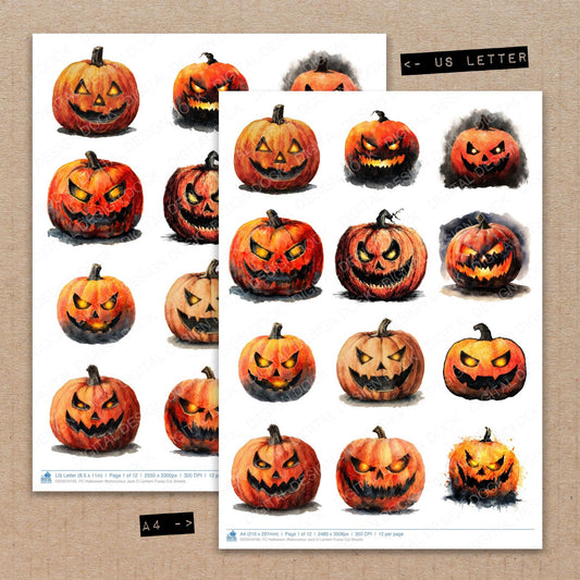 A4 and US Letter format comparison showing Halloween Watercolour Jack O Lantern fussy cut pages for print and cut crafting