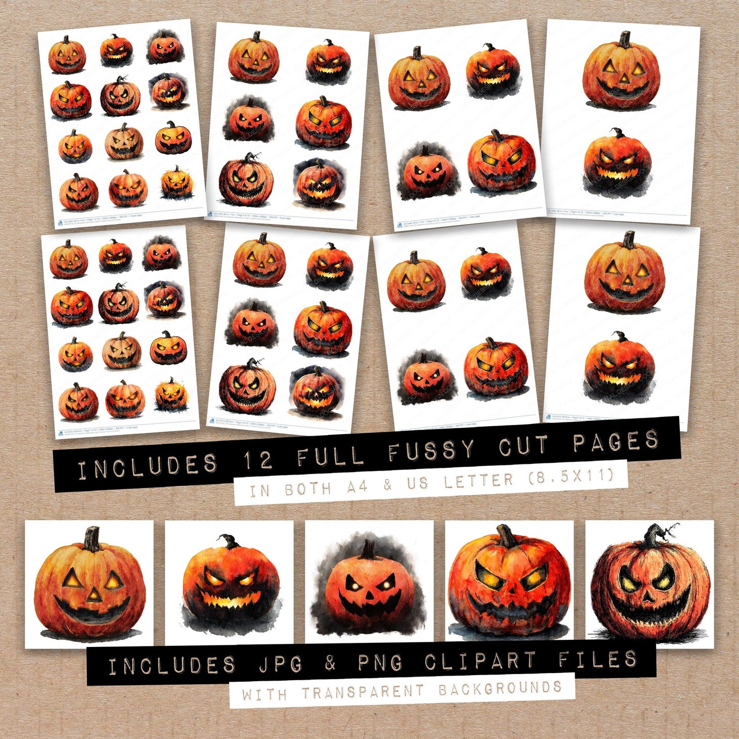 Full collection view of Halloween Watercolour Jack O Lantern fussy cut sheets with bonus clipart JPG and PNG files