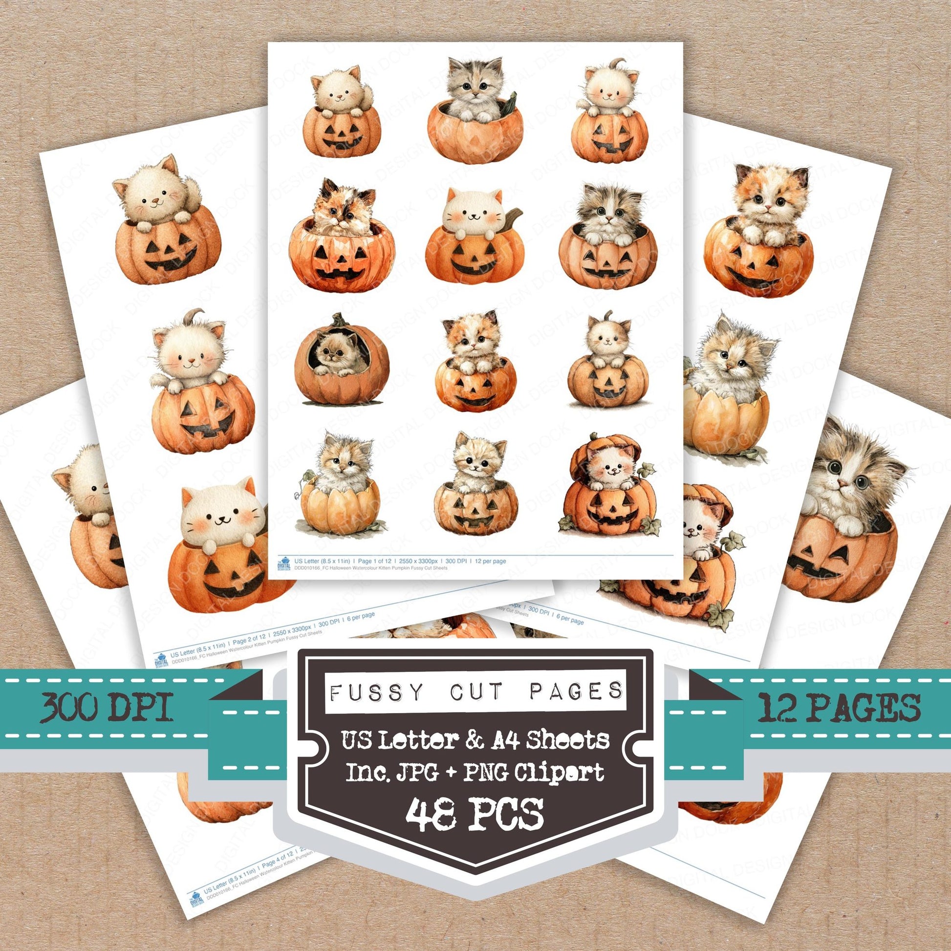 Halloween Watercolour Kitten Pumpkin fussy cut printable sheets for junk journaling, scrapbooking, and paper craft projects
