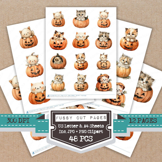 Halloween Watercolour Kitten Pumpkin fussy cut printable sheets for junk journaling, scrapbooking, and paper craft projects