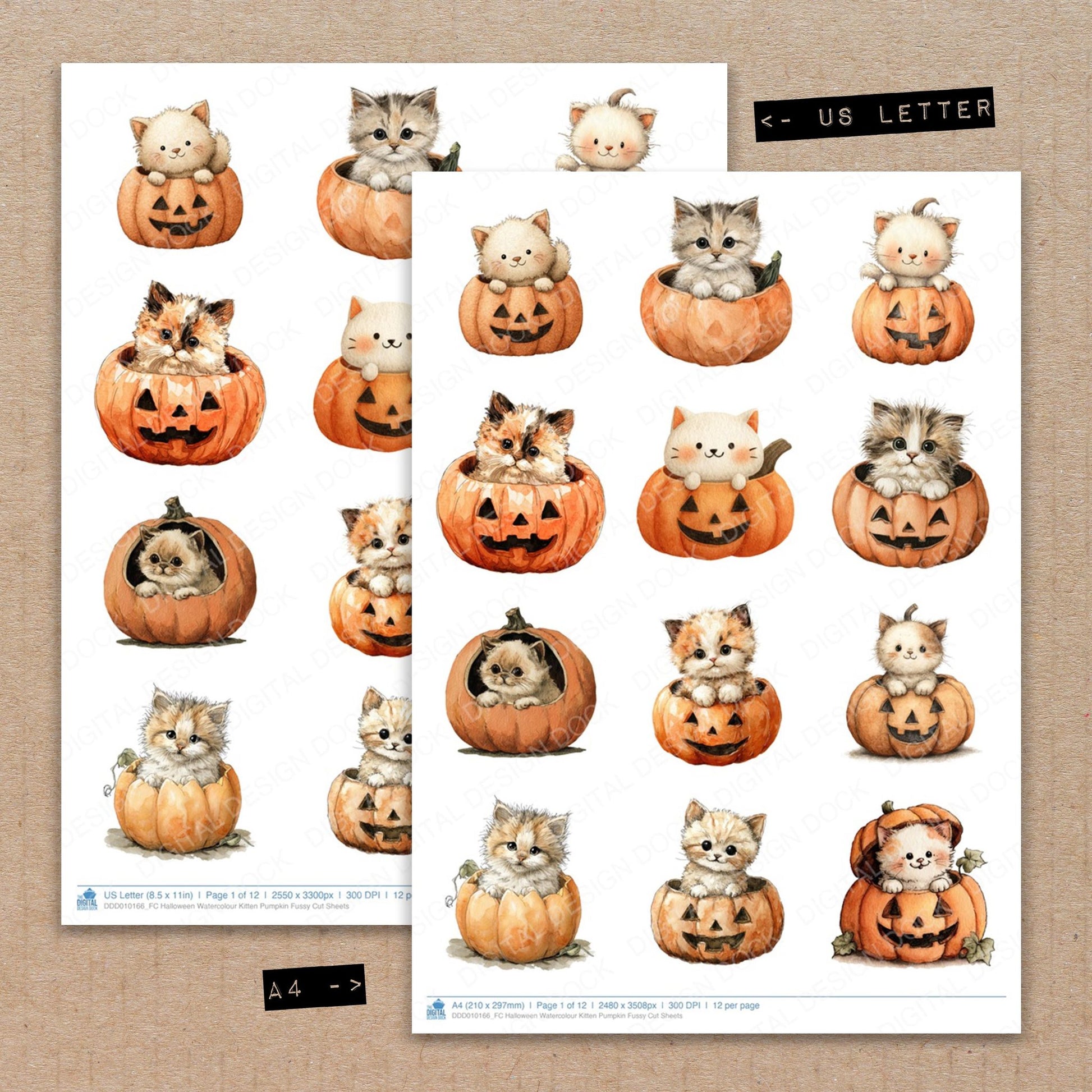A4 and US Letter format comparison showing Halloween Watercolour Kitten Pumpkin fussy cut pages for print and cut crafting