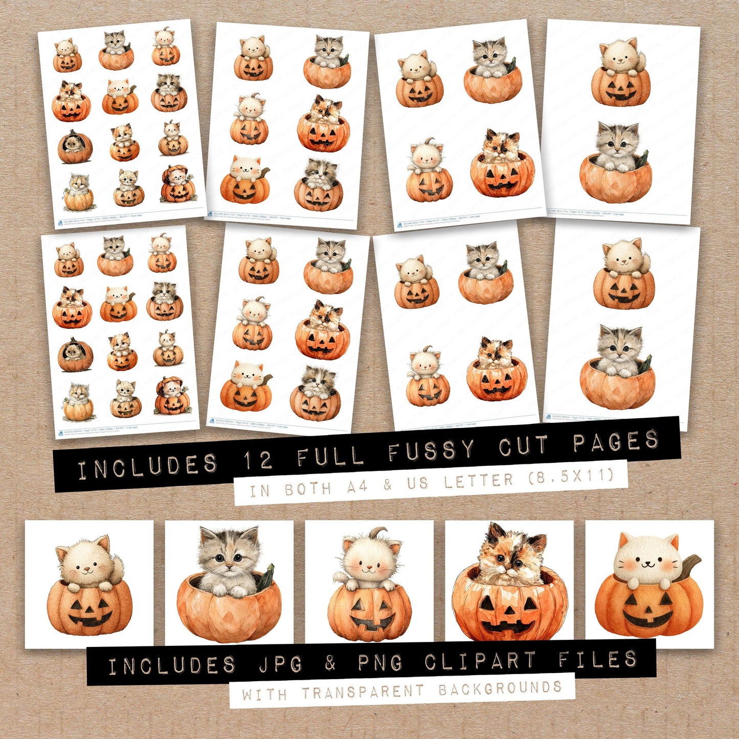 Full collection view of Halloween Watercolour Kitten Pumpkin fussy cut sheets with bonus clipart JPG and PNG files