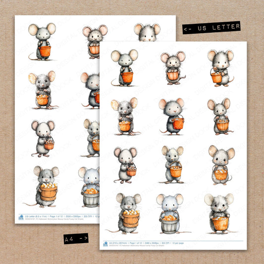 A4 and US Letter format comparison showing Halloween Watercolour Mouse Candy fussy cut pages for print and cut crafting
