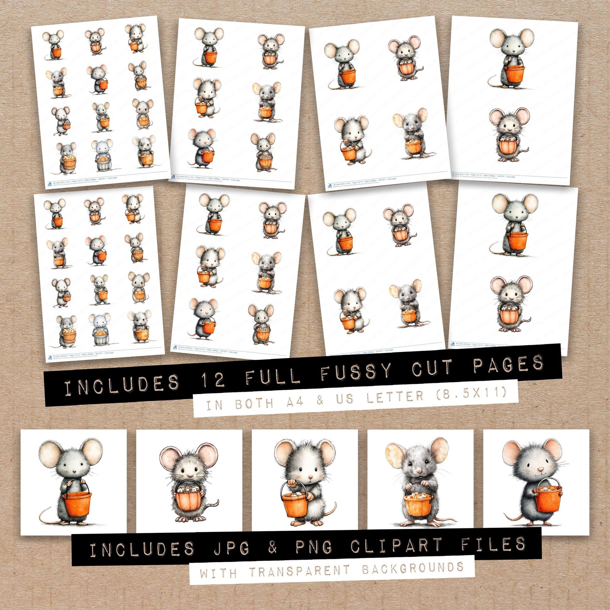 Full collection view of Halloween Watercolour Mouse Candy fussy cut sheets with bonus clipart JPG and PNG files