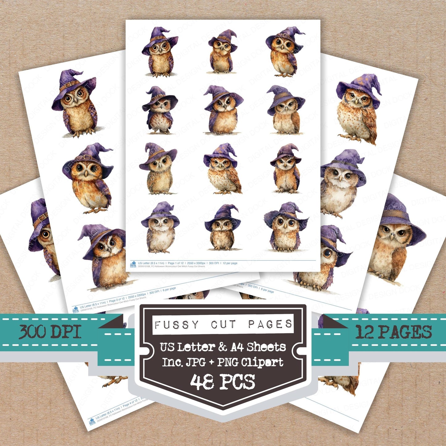 Halloween Watercolour Owl Witch fussy cut printable sheets for junk journaling, scrapbooking, and paper craft projects