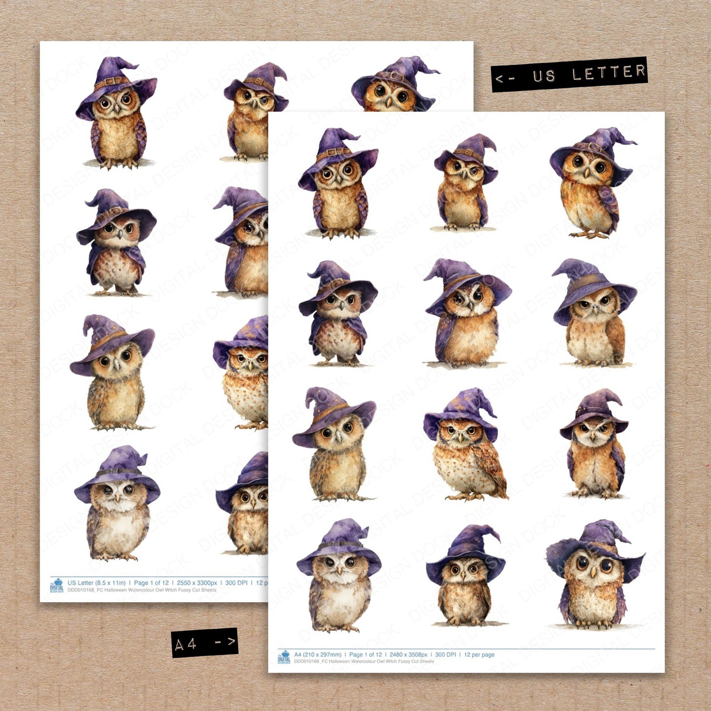 A4 and US Letter format comparison showing Halloween Watercolour Owl Witch fussy cut pages for print and cut crafting