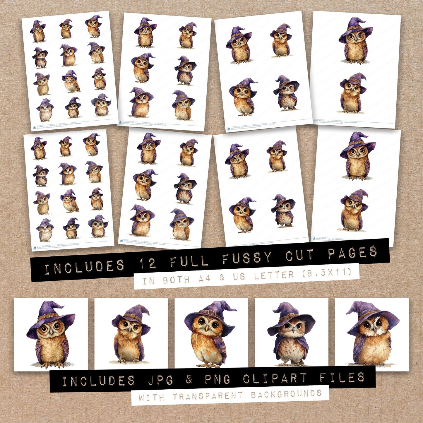 Full collection view of Halloween Watercolour Owl Witch fussy cut sheets with bonus clipart JPG and PNG files